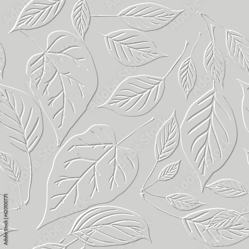 Embossed leafy white 3d seamless pattern. falling leaves relief background. Repeat textured white vector backdrop. Surface emboss leaves. 3d endless ornament with embossing effect. Leafy texture
