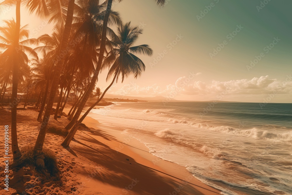 Sunset on the beach with palm trees made with generative AI