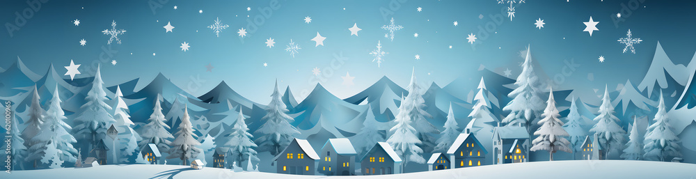 Blue Christmas banner with snowy moonlight view of pine trees, mountains, and charming lit-up houses. Magical and enchanting. AI generative
