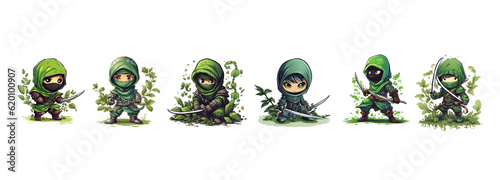 Illustration Set of nature cute ninjas on transparent background for children and children's books AI