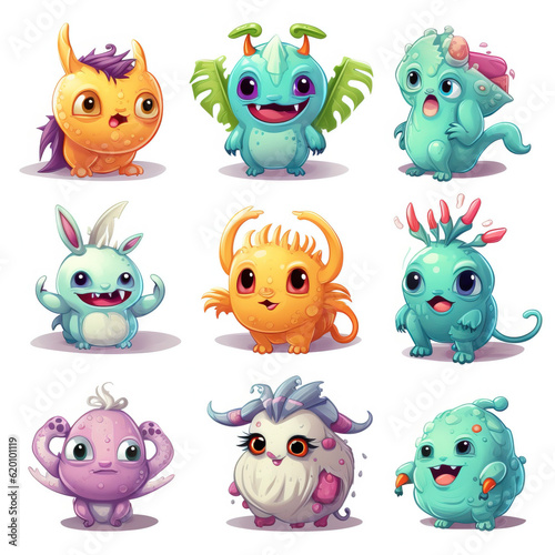 Colorful vector of cartoon monsters for kids in front of a white background expressing multiple facial expressions generative AI.