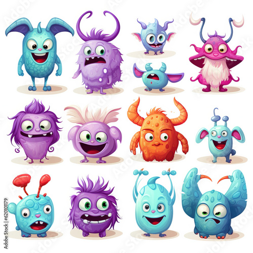 Colorful vector of cartoon monsters for kids in front of a white background expressing multiple facial expressions generative AI.