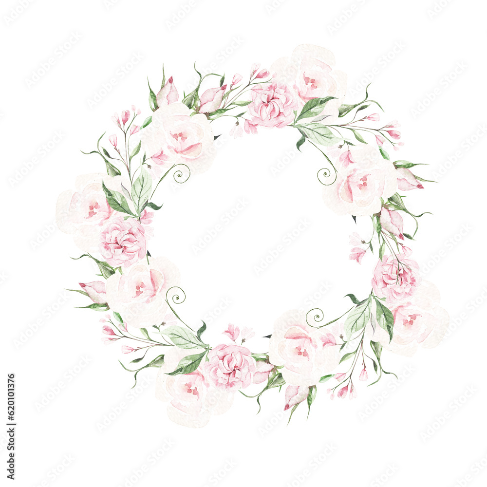 Watercolor wedding wreath with roses flowers, green leaves.