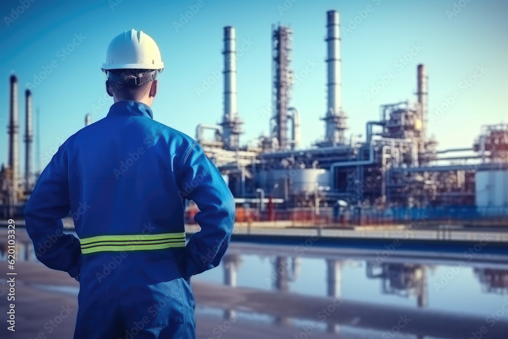 custom made wallpaper toronto digitalAn engineer in a protective suit stands with his back turned, diligently checking a list at a petrochemical refinery complex. Generative AI.