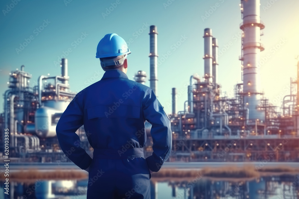 An engineer in a protective suit stands with his back turned, diligently checking a list at a petrochemical refinery complex. Generative AI. An engineer in a protective suit stands with his back turned, diligently checking a list at a petrochemical refinery complex. Generative AI.