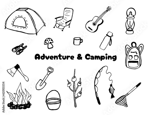 Camping set collection of black and white hand drawn elements. Isolated on white background. Can be used for the design of printed products, for web icons, sites

