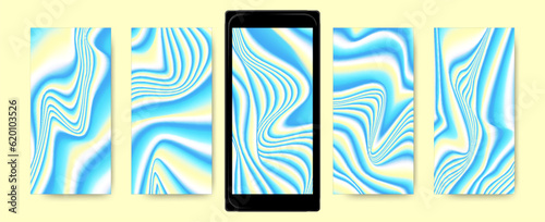 Abstract wave gradient backgrounds, holographic screensavers set.