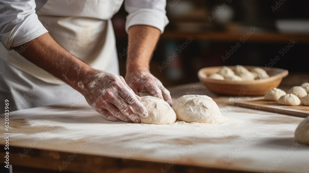 Photo of a person kneading dough on a wooden table.generative ai
