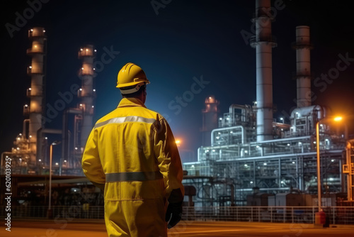 Engineer in a protective suit stands with his back turned, diligently checking a list at a petrochemical refinery complex. Generative AI.