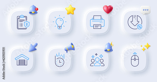 Printer, Privacy policy and Loan percent line icons. Buttons with 3d bell, chat speech, cursor. Pack of Light bulb, Fast delivery, Swipe up icon. Parking garage, Squad pictogram. Vector