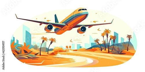 Illustration of planes and palm trees. travel or tourism on tropical islands. vector style. AI