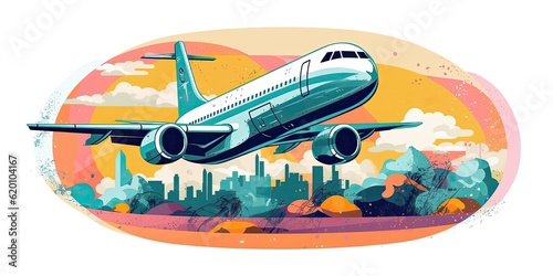 Illustration of planes and palm trees. travel or tourism on tropical islands. vector style. AI