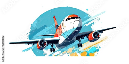 Illustration of planes and palm trees. travel or tourism on tropical islands. vector style. AI