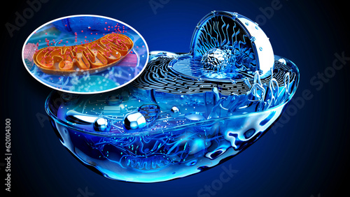 Abstract 3D illustration of the biological cell and the mitochondria