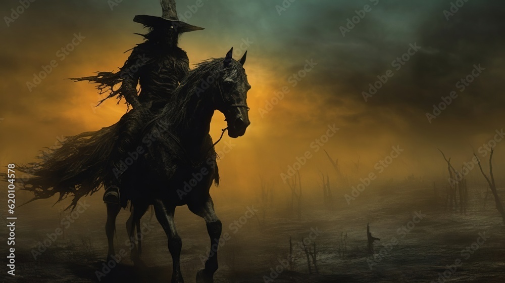 Horseman with a black hat riding through a wasteland with ghostly moon. Created with Generative Ai technology. Horseman with a black hat riding through a wasteland with ghostly moon. Created with Generative Ai technology.