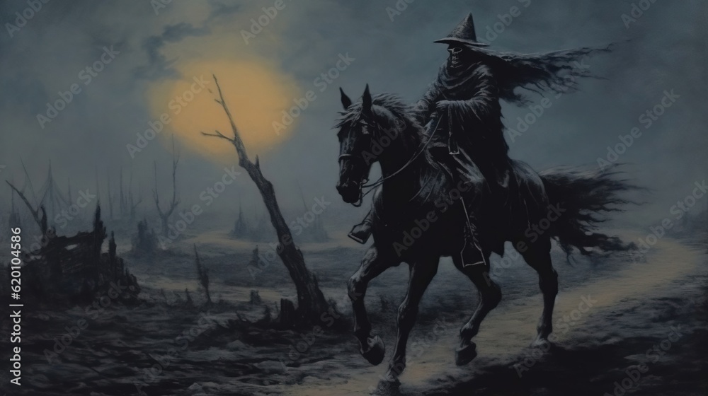 Horseman with a black hat riding through a wasteland with ghostly moon. Created with Generative Ai technology. Horseman with a black hat riding through a wasteland with ghostly moon. Created with Generative Ai technology.