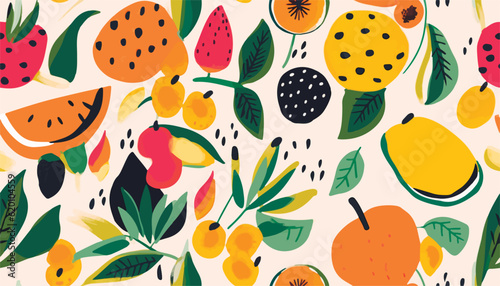 Abstract cute fruits and flowers pattern. Collage playful contemporary print. Fashionable template for design