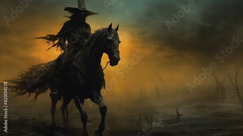 Horseman with a black hat riding through a wasteland with ghostly moon. Created with Generative Ai technology. © Viktor