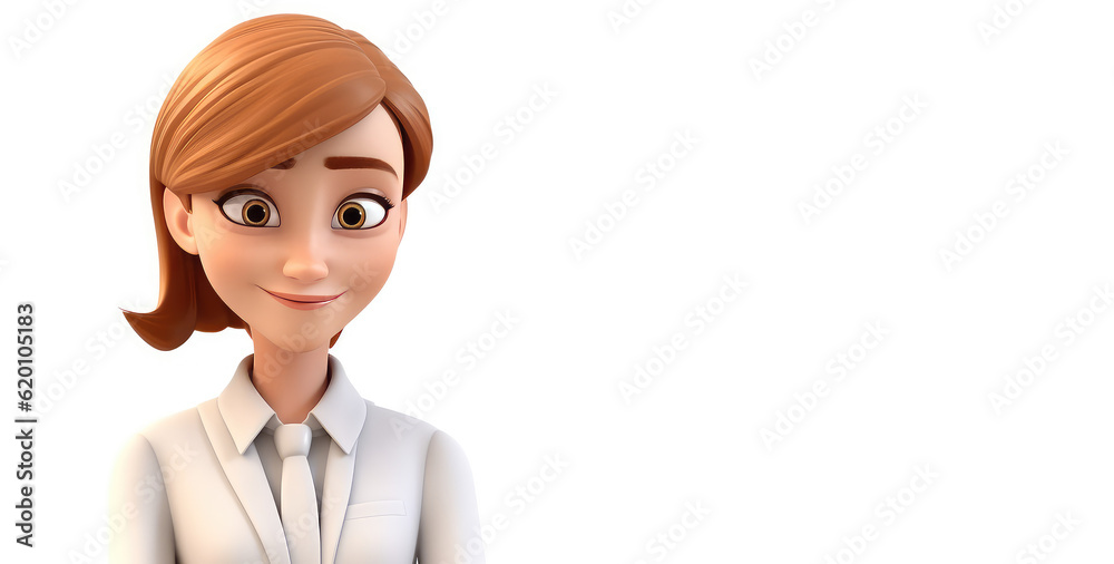 3d cartoon character of office woman in suit, female manager, support center, lawyer banner template, copy space for text, isolated on white. Generative AI 3d render illustration imitation. 3d cartoon character of office woman in suit, female manager, support center, lawyer banner template, copy space for text, isolated on white. Generative AI 3d render illustration imitation.
