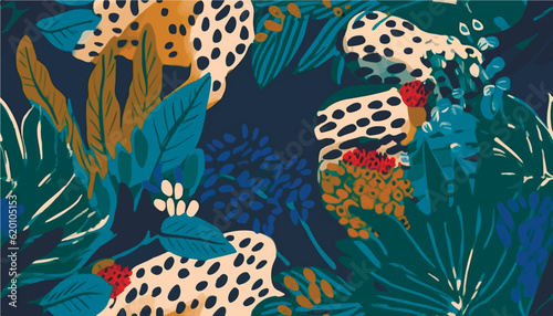 Hand drawn abstract jungle pattern with leopards skin. Ethnic style collage contemporary seamless pattern. Fashionable template for design.