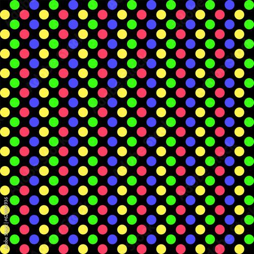 Dots neon color pattern vector. Neon color polka dots abstract black background
