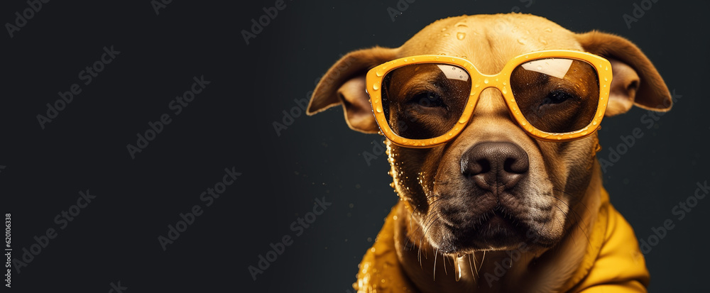 dog in sunglasses, summertime holiday concept, panoramic layout. Generative Ai