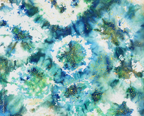 Texture of natural linen fabric. Batik.Textile shibori print. Indigo blue tie-dye textile. Watercolor effect.
