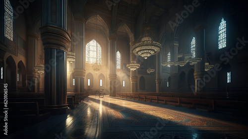 Serene Interior of a Mosque The peaceful and harmonious ambiance inside a beautifully designed mosque