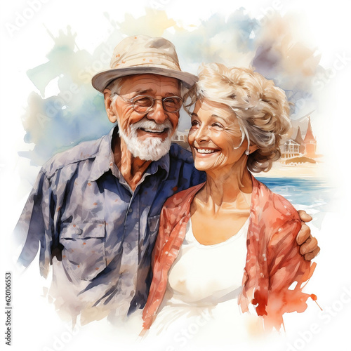 Watercolor illustration of elderly happy man and woman walking on the seashore. An old couple of people on the seashore. Generative ai.