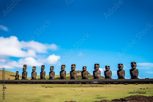 Moai statues of Ahu Tongariki, Easter Island, Chile. Illustration.