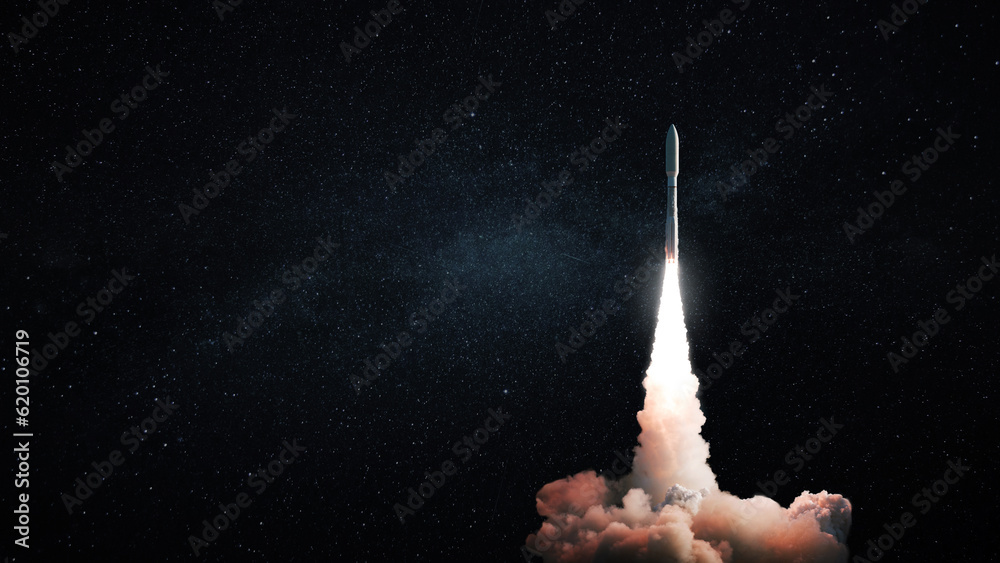 Space modern technology rocket with smoke and blast takes off to the night starry sky. Travel and space exploration, creative idea. Free space for text and design. Spaceship successful launch - obrazy, fototapety, plakaty 