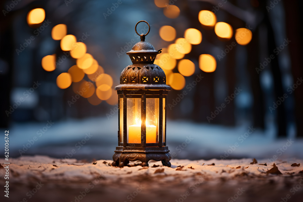 Lantern in snowy winter landscape. Magical Christmas vibes. AI Generative Lantern in snowy winter landscape. Magical Christmas vibes. AI Generative