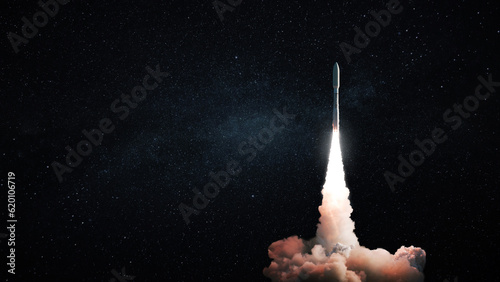 Fotografiet Space modern technology rocket with smoke and blast takes off to the night starry sky
