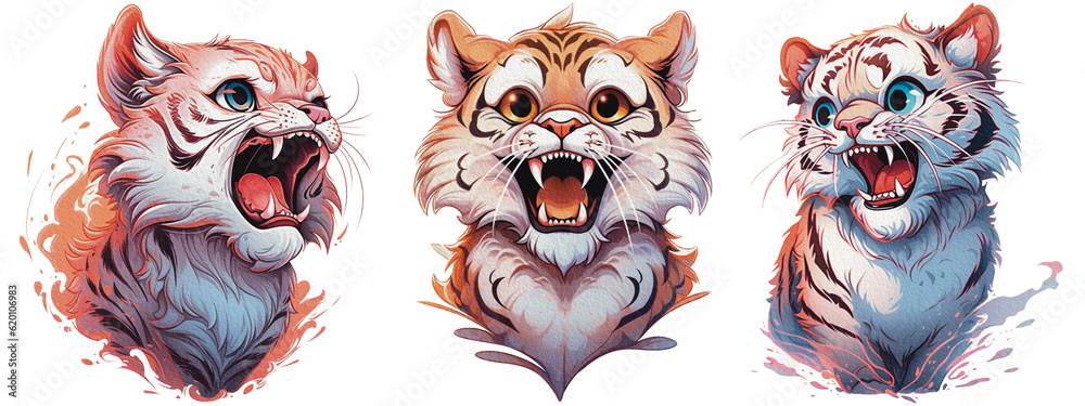 Tiger face watercolor clipart png, Tiger Head Playful and Adorable Tiger Clipart for Kids , isolated, transparent background, AI ,png