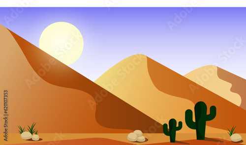 Desert landscape with sun  cacti and stones. Flat style vector illustration.    
