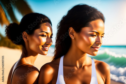 Two young women hug each other on the sunny beach. Female lesbian couple hug on a beach, lgbt couple. latino hispanic friends sitting on tropical seashore. Gay couple on a vacation. Generative AI.