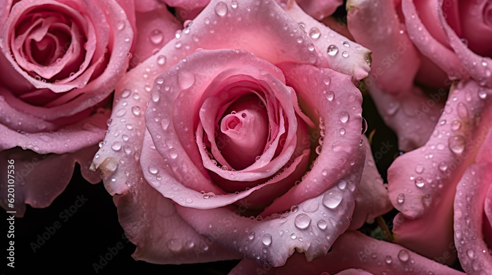 Pink Roses flowers with water drops background. Closeup of blossom with glistening droplets. Generative AI Pink Roses flowers with water drops background. Closeup of blossom with glistening droplets. Generative AI