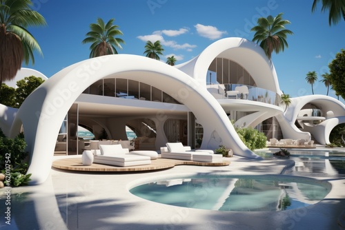 Modern villa on a tropical sandy beach among palm trees. A minimalist house with a rounded shape.