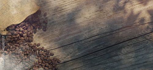 Smoky roasted coffee Hot coffee beans in bags and sacks on old wooden background view from above Raw Arabica Robusta coffee beans 3D illustration