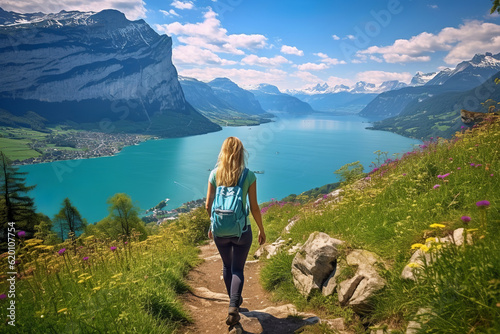 Rear view of female hiker with backpack walking down from the mountain and enjoying the view during the day. scenic idillic panoramic, generative ai
