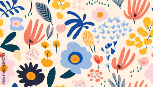 Hand drawn naive abstract floral print. Cute collage pattern. Fashionable template for design.