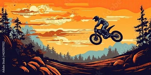 motorcycle racer makes the jump. supercross ENDURO motocross high speed. sports concept. digital art. comic book style AI