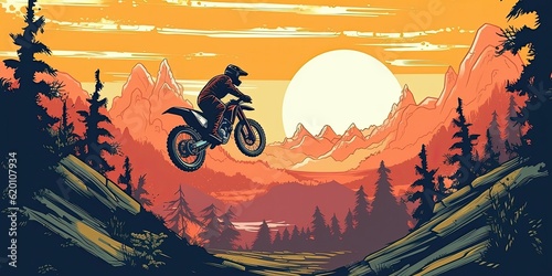 motorcycle racer makes the jump. supercross ENDURO motocross high speed. sports concept. digital art. comic book style  AI