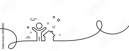 New house line icon. Continuous one line with curl. Home building sign. Buying real estate symbol. Buyer and his property. New house single outline ribbon. Loop curve pattern. Vector
