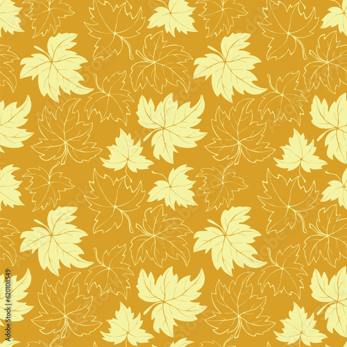 Vector bright seamless pattern with outline falling leaves in doodle flat style. Autumn backgrounds and textures