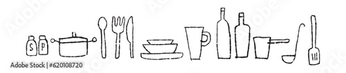 調理道具と食器のゆるい手描きの線画_横長