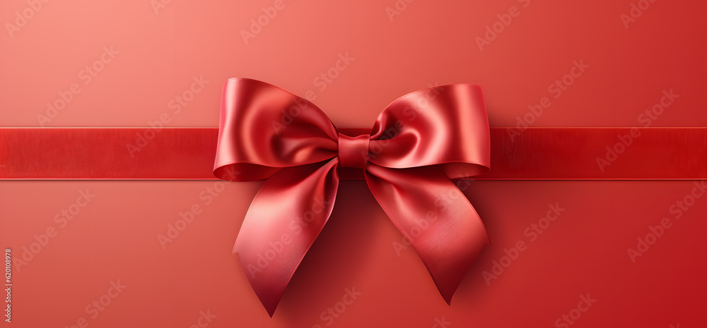 Silky red ribbon bow on red background. (AI generative)