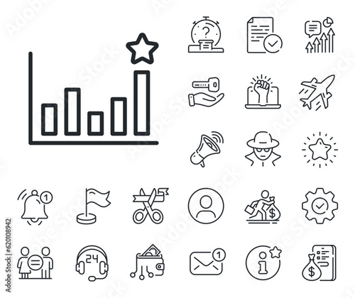 Business chart sign. Salaryman, gender equality and alert bell outline icons. Efficacy line icon. Analysis graph symbol. Efficacy line sign. Spy or profile placeholder icon. Vector photo