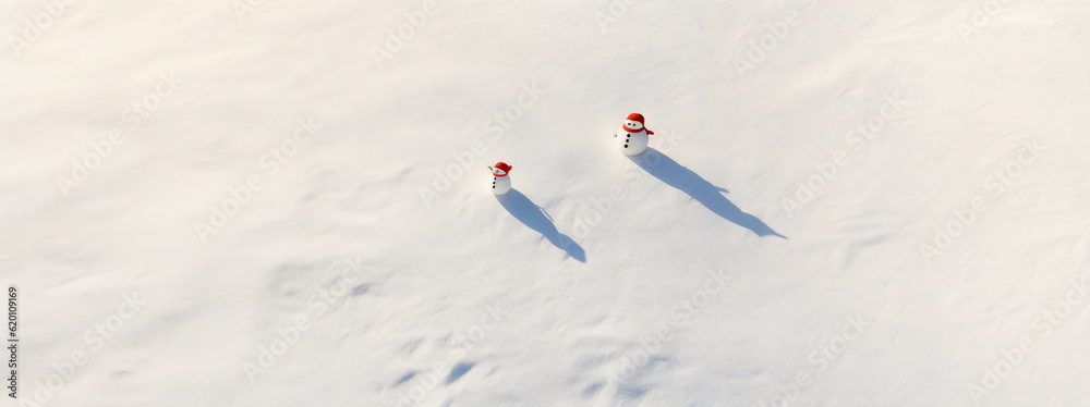Snowman, snow surroundings, birds view, above, pure