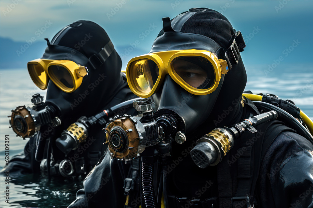 Special forces combat divers diving on mission underwater Special forces combat divers diving on mission underwater